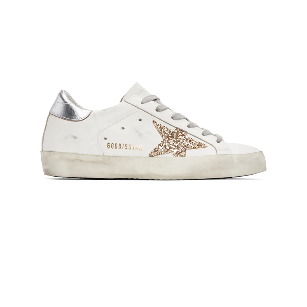 Golden Goose White and Gold Distressed Sneakers